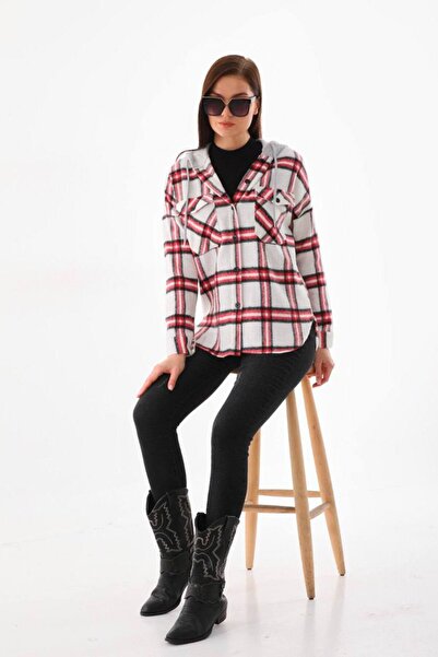 Polologin Butik Kırmızı Beyaz Kapşonlu Oduncu Gömlek