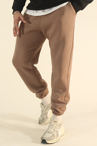 EydaMoon Men's Brown Winter 3-Thread Fleece-Lined Soft Textured Elasticated Leg Hem Sweatpants