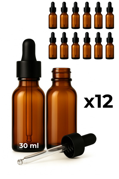Seray Cam 12’li 30 ml Amber Cam Serum Şişesi + Siyah Metal Kapaklı Siyah Uçlu...