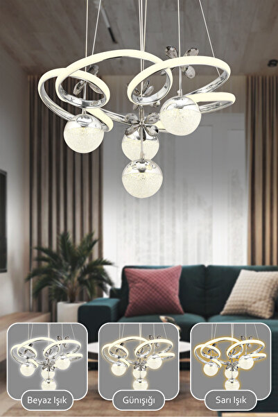 Dekorluna Armoni Kumandalı 3 Renk Işık Özellikli Modern Krom Kaplama Sarkıt Led Avize Salon Avize