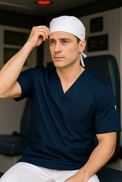 mirach Set of 2 Men's Emergency Paramedic Workers Medical Uniform Single Top Scrubs White Surgical Cap with Gift