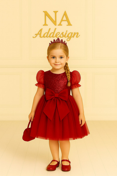 NA ADDESIGN Puffy Girl's Dress with Sequin Top and Bow (5 Color Options)