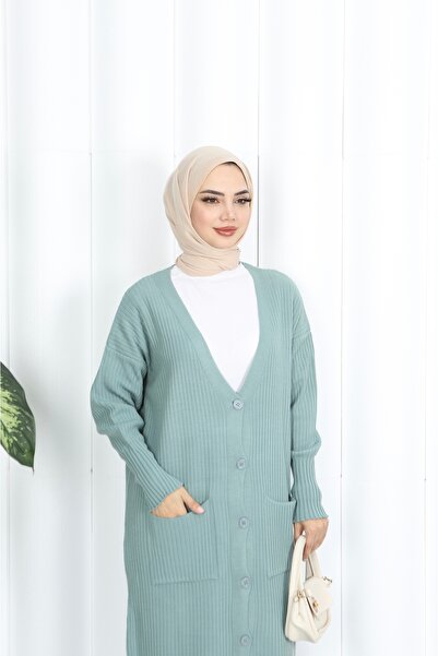 NİSUM MODA Long Knitted Cardigan with Pockets