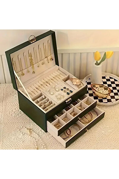 Büyük Hanım Faux Leather Green Jewelry Box with Double Drawer and Key