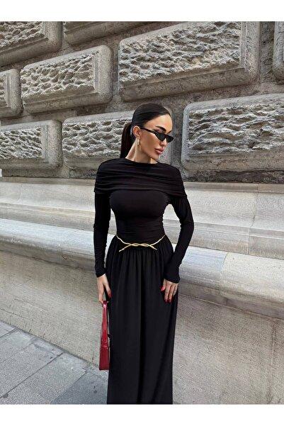 Julidress Shawl Collar Gold Metal Belted Maxi Long Premium Shirred Dress