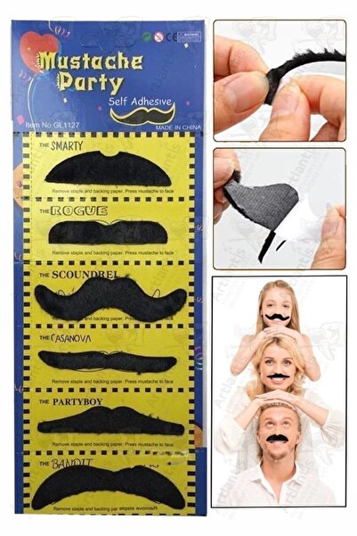 Artlantis Takma Bıyık 6 lı 1 Paket Yapışkanlı Takma Bıyık Etkinlik Tiyatro Parti Eğlence Kendinden Bantlı