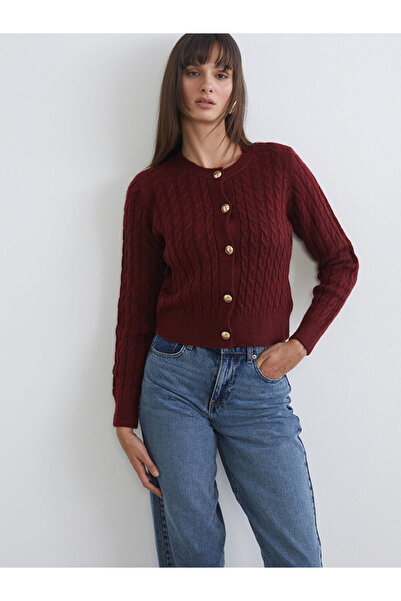 LC Waikiki Burgundy Crew Neck Self Patterned Women's Knitwear Cardigan