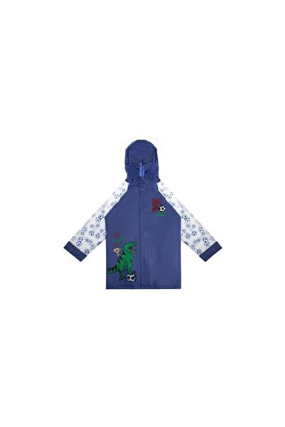 OEM Blue boys' raincoat with dinosaurs and footballs, transparent sleeves, One Size (122–128 cm)