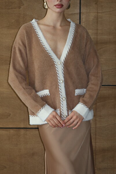 Vaveyla Γυναικεία πλεκτή ζακέτα με λαιμόκοψη σε σχήμα V και μαργαριταρένια τσέπες