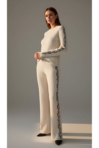 Digz fashion White Black Patterned Corded Fabric Knitwear Trousers