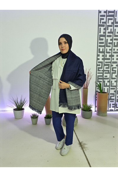 Nöşre Design Women's Double-Sided Plaid and Solid Color Shoulder Shawl Scarf