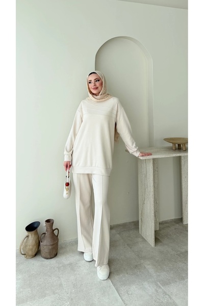 Miraydın Butik Women's Hijab Green Trousers Double Set M7154 - Beige