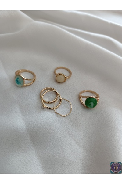uyguntakıaksesuar مجموعة من 5 خواتم ذهبية اللون مع تفاصيل حجرية ملونة - قابلة...
