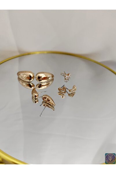 uyguntakıaksesuar 4'lü Altın Renk Paslanmaz Çelik Küpe Seti - Kalp Taşlı Modern Kombin