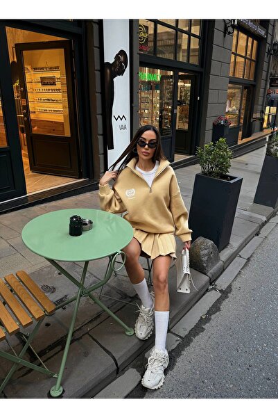 Julidress Μουσταρδί φούτερ με oversized φερμουάρ και μίνι πλισέ φούστα κάτω από το επάνω μέρος επένδυση fleece σετ