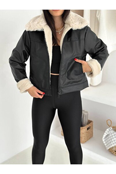 Boutique Naz معطف جلدي نسائي ذو ياقة مخملية باللون الأسود