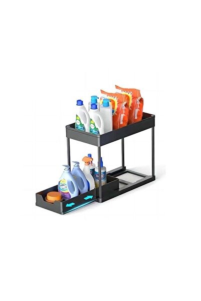 007 East by Noon two-tier under-sink organizer with sliding basket - 40×24×33.5 cm, black plastic rack