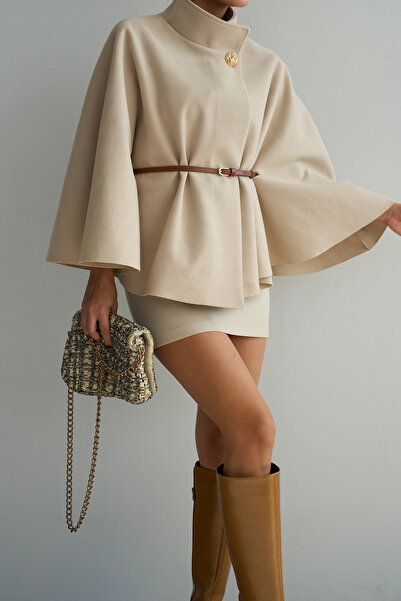 LOOSH Kadın Krem Dik Yaka Kemer Detaylı Panço Kaban