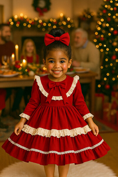 NA ADDESIGN Red Bow New Year Dress - Lace Puffy Model, Lined Girls' Party Dress