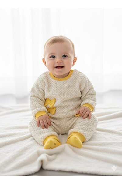 ninnigo Baby Girl Plush Bow Detailed Soft Top and Bottom Baby Set, Set of 2