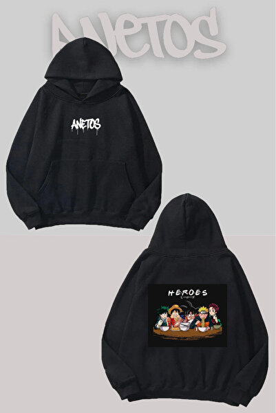 Anetos Heroes Anime Rucsac cu imprimeu Negru cu glugă Swea tricou