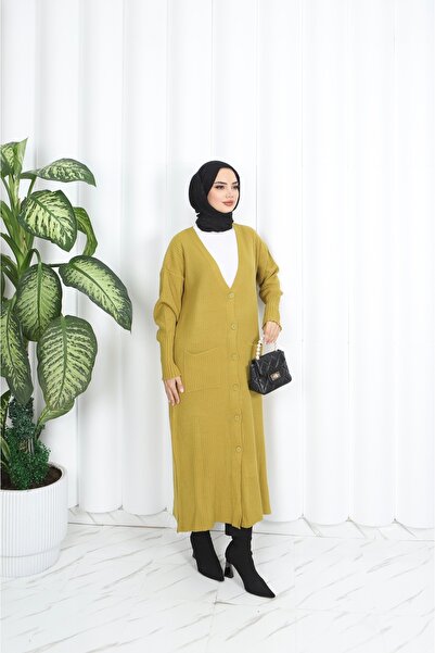 NİSUM MODA Long Knitted Cardigan with Pockets