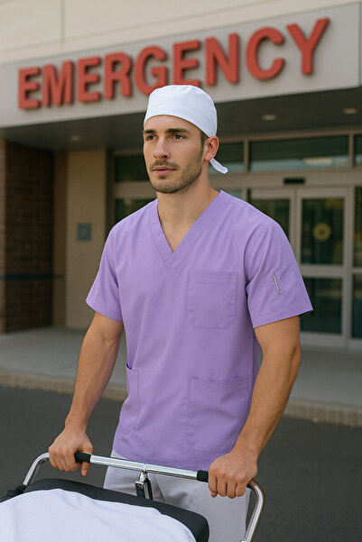 mirach Set of 2 Men's Emergency Paramedic Workers Medical Uniform Single Top Scrubs White Surgical Cap with Gift