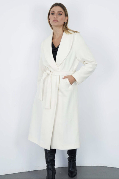 Suziş Premium Long Coat with Shawl Collar and Belt En2173