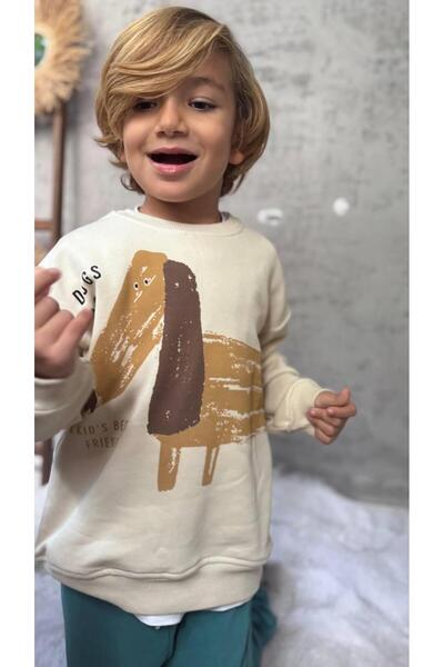 Magu Boys' Cotton Cream Dog Print Sweatshirt and Blue Sweatpants Set - Soft Fabric Comfort