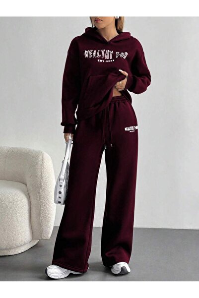 LEONE KOLEKSİYON Women's Burgundy Hooded Two Thread Suit – High Waist Comfortable Fit