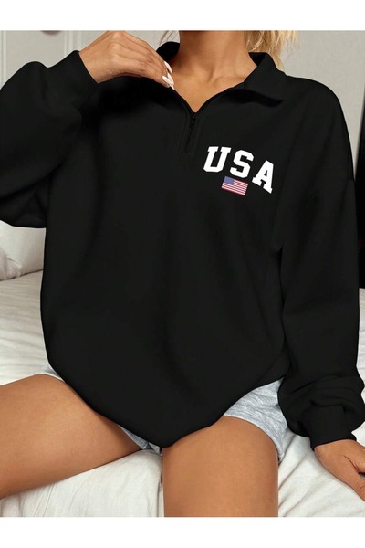 OVER HEAD Logo negru pentru femei Usa Flag cu imprimeu Half Zip guler ridicat...