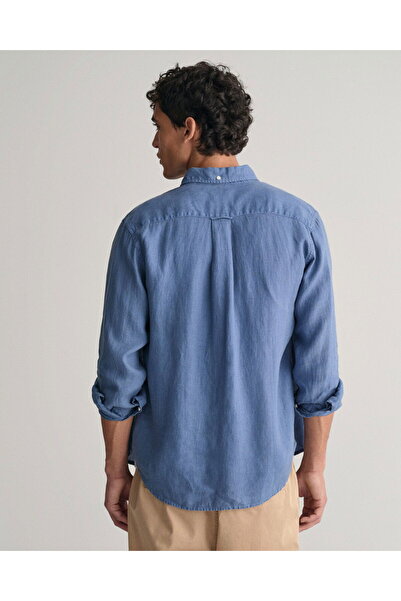 Gant Men's Blue Regular Fit Button Collar Linen Shirt