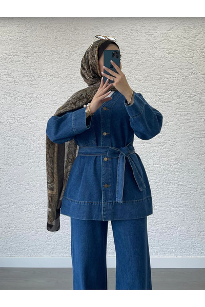 Miraydın Butik Women's Hijab Waist-Tied Denim Outfit M52808 - Dark Denim