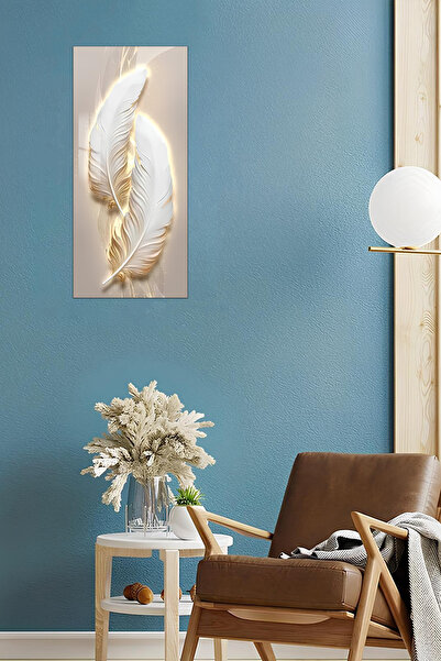 kutuTR Altın Işıklı Tüy Desenli Temperli Cam Dik Tablo 30x60 cm Ebadında UV Baskı - DCT040
