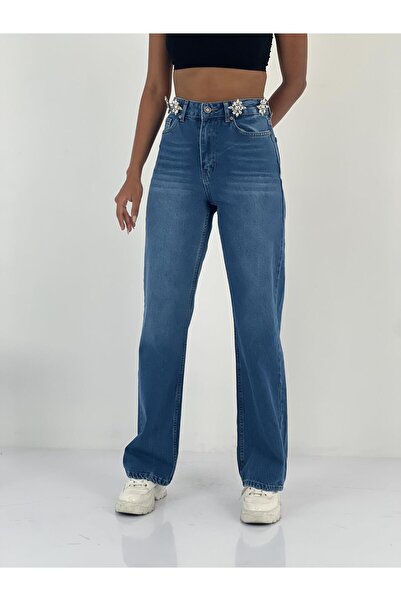 Miss Poem Women's Accessory Stone Detailed High Waist Blue Jean Trousers