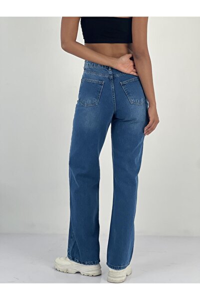 Miss Poem Women's Accessory Stone Detailed High Waist Blue Jean Trousers