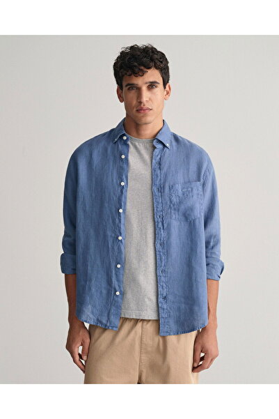 Gant Men's Blue Regular Fit Button Collar Linen Shirt