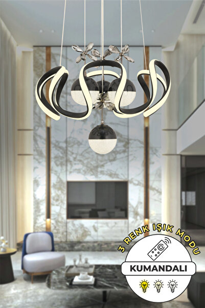 Dekorluna Oliver Kumandalı 3 Renk Işık Özellikli Modern Siyah Kaplama Sarkıt Led Avize Salon Avize