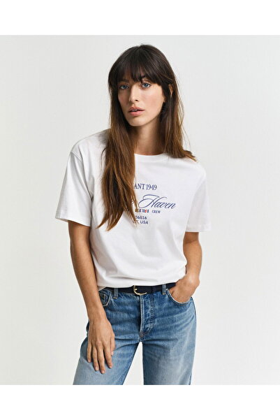 Gant Kadın Krem Relaxed Fit Bisiklet Yaka Logolu T-Shirt