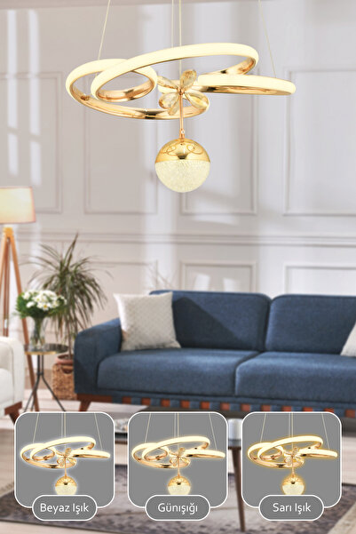 Dekorluna Dante Kumandalı 3 Renk Işık Özellikli Modern Gold Kaplama Sarkıt Led Avize Salon Avize