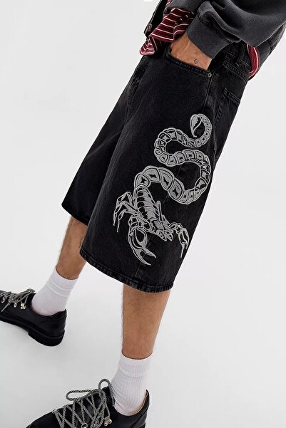 september island Black Denim Scorpion Embroidered Denim Shorts