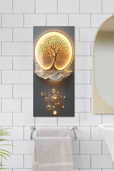 kutuTR Altın Işıklı Hayat Ağacı Temalı Temperli Cam Dik Tablo 30x60 cm Ebadın...