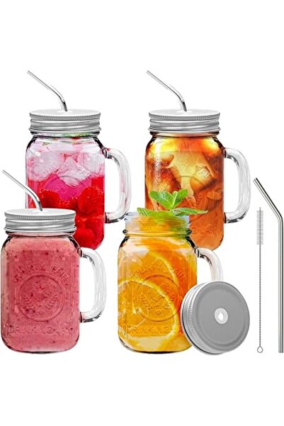 The Bros Mason Jar Mugs with Handles & Metal Straws – 16oz Glasses Set of 4