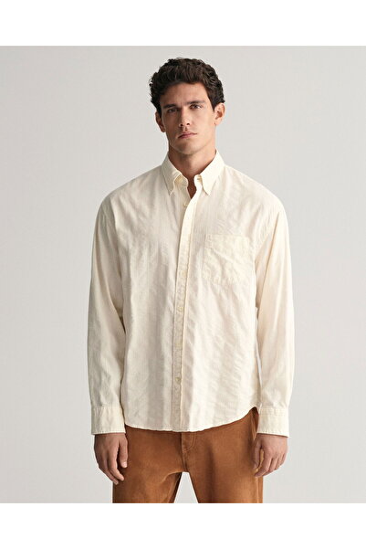 Gant Men's Beige Relaxed Fit Buttoned Collar Striped Shirt