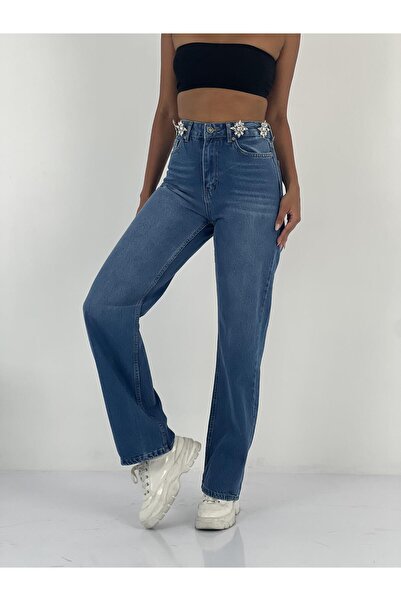 Miss Poem Women's Accessory Stone Detailed High Waist Blue Jean Trousers