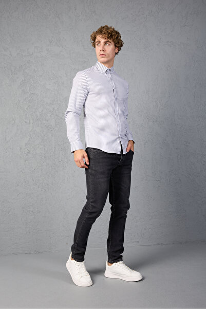jack carisma Grey-White Striped Cotton Lycra Slim Fit Men's Shirt