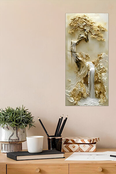 kutuTR Altın Ağaç ve Şelale Temalı Temperli Cam Dik Tablo 30x60 cm Ebadında U...