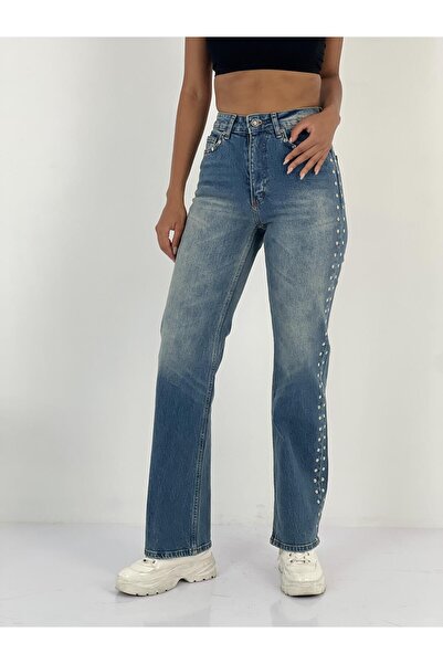 Miss Poem Women's Straight-Leg Blue Jeans with Stone Detail on the Sides