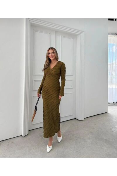 aytenli V Yaka Uzun Kol Maksi Boy Esnek Likralı Sade Zarif Püsküllü Elbise