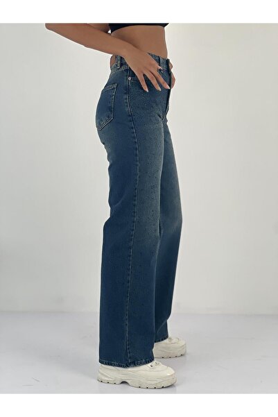 Miss Poem Women's Stone Embroidered High Waist Jean Pants